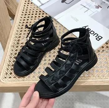 

Kids Sandals Summer Fashion High Boots Roman Sandals Solid Color Children Big Girl Shoes Beach Sandals Black