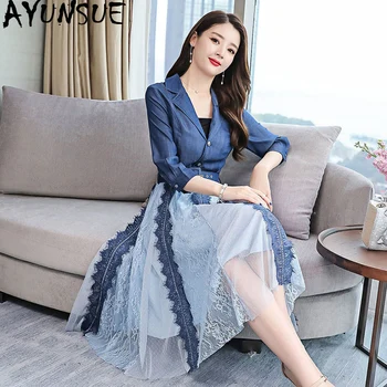 

AYUNSUE Spring Summer Dress 2020 Women Denim Dress Elegant Mesh V Neck Ladies Dresses Vintage Korean Vestido Jeans KJ4202