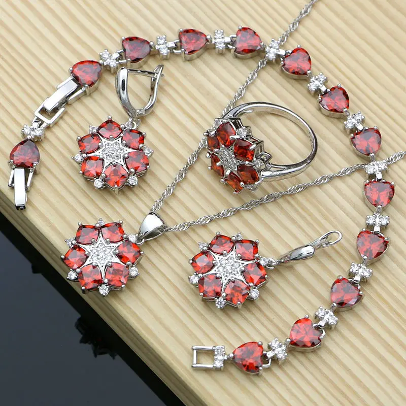 4 PCS Cutely Ювелирные наборы для костюма натуральный 925 серебряные ювелирные изделия Красный с фианитовым камнем дня рождения Шарм модные комплекты украшений для женщин Свадебные и подарки - Окраска металла: 4 PCS