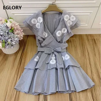 

Top Quality New 2020 Summer Style Dress Women V-Neck Polka Dot Embroidery Ruffle Patchwork Slim Fitted A-Line White Grey Dress