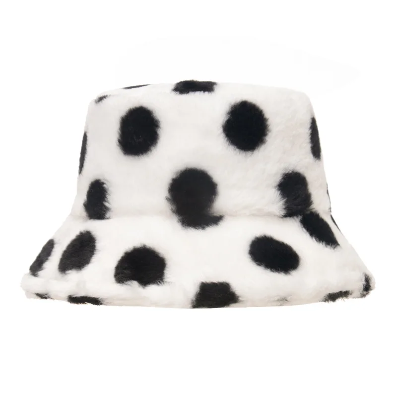 

Oloey Black Dot White Plush Bucket Hat Women Designer Winter Faux Fur Warm Dome Caps Female Fashion Fisherman Hats Streetwear