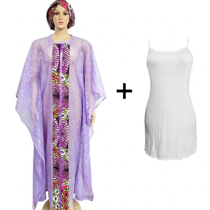 Комплект из 3 предметов платье супер размер африканские платья для женщин Новые африканские Дашики модные водорастворимые кружева свободные бисерные длинные платья - Цвет: Светло-фиолетовый