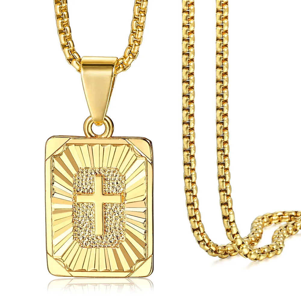 Mens Gold Necklace Cross Pendant Necklace Jesus Christ Mens Gold