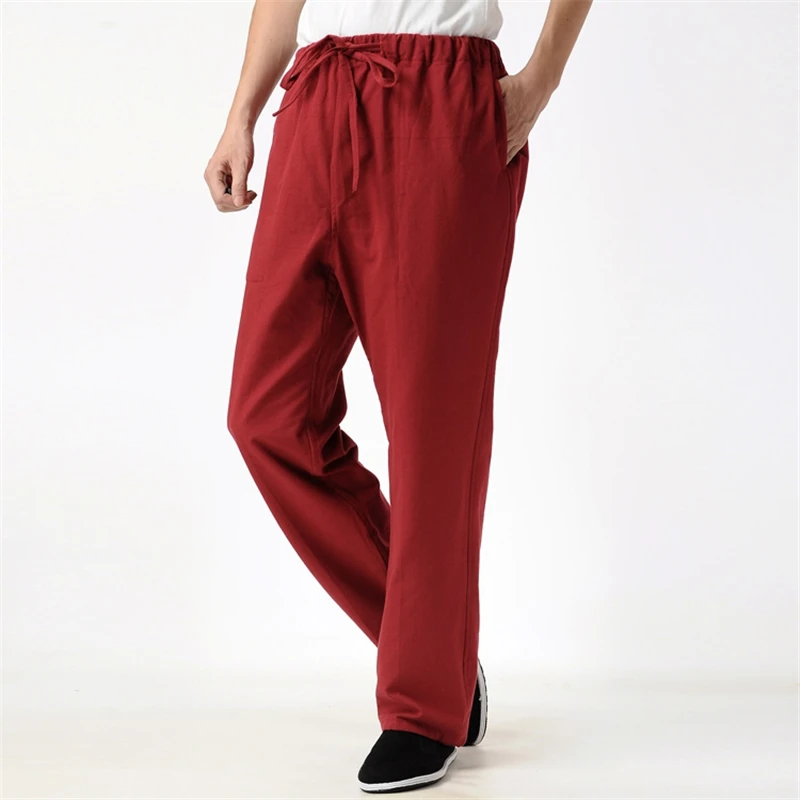 Men's Long Pants 100% Cotton Chinese Traditional Kung Fu Pants Wu Shu Tai Chi Elastic Waist Loose Long Trousers