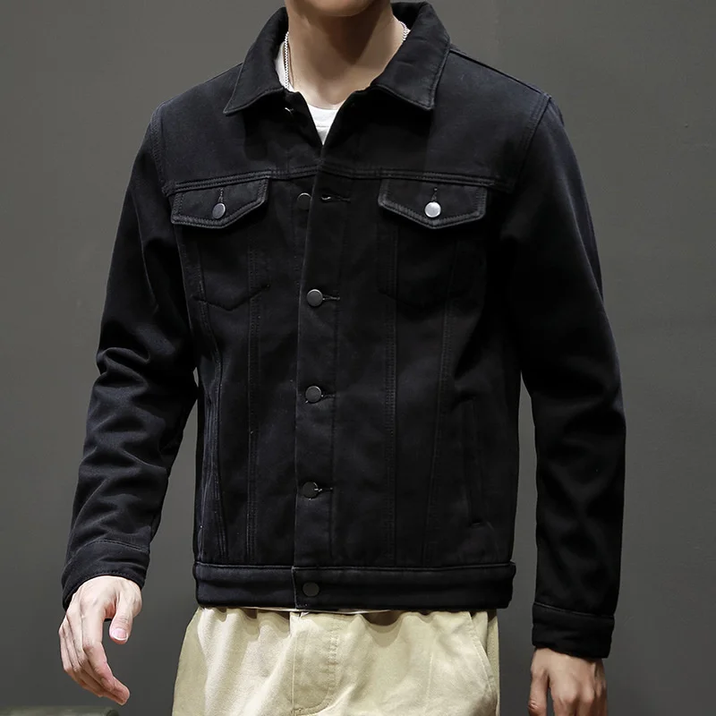 

Куртка мужская джинсовая с карманами, утепленная однотонная, с лацканами, из бархата, Повседневная универсальная, весна-осень
