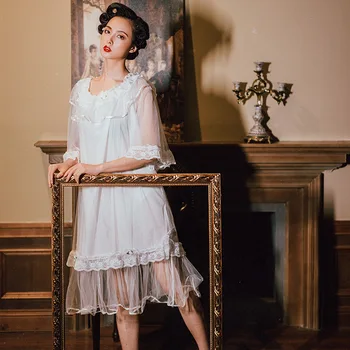 

2020 Autumn New Ladies Thin Retro Palace Wind Cotton Mesh Loose Nightdress Pregnant Women Home Service
