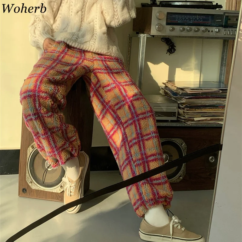Woherb, овечья шерсть, высокая талия, широкие брюки в клетку, для женщин, на завязках, Модные свободные брюки, женские, корейский стиль, Pantalones 91387