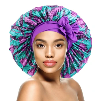 Elastic Band Large Satin Bonnet Sleeping Cap Women African Pattern Ankara Print Hat Adjustable Night Sleep