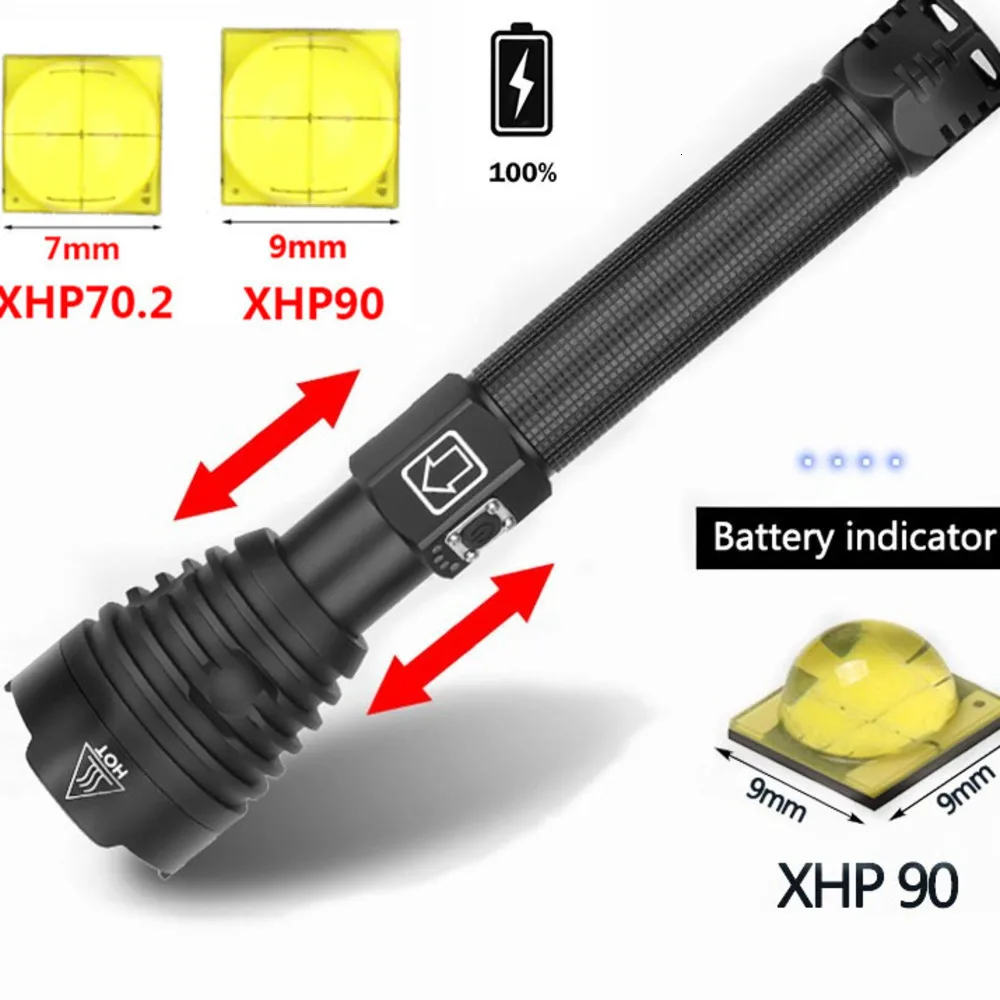 Brightest lanterna XHP90 LED long-range flashlight powerful Waterproof LED torch use 18650 battery USB Rechargeable for camping