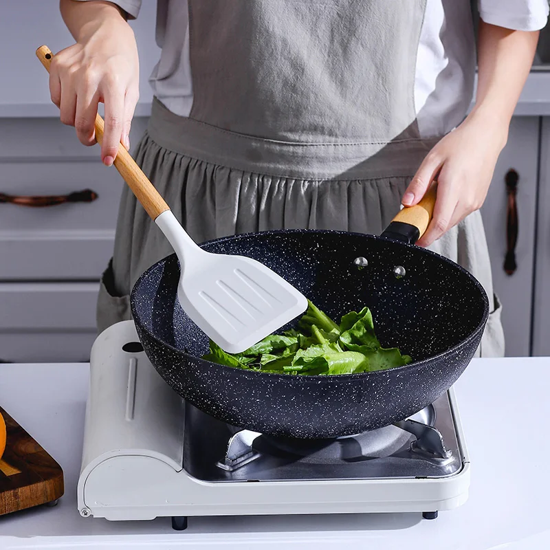 New Silicone Cooking Utensils Set Non-Stick Spatula Soup Spoon Eggbeater Food Clip Wooden Handle with Storage Box Kitchen Tool
