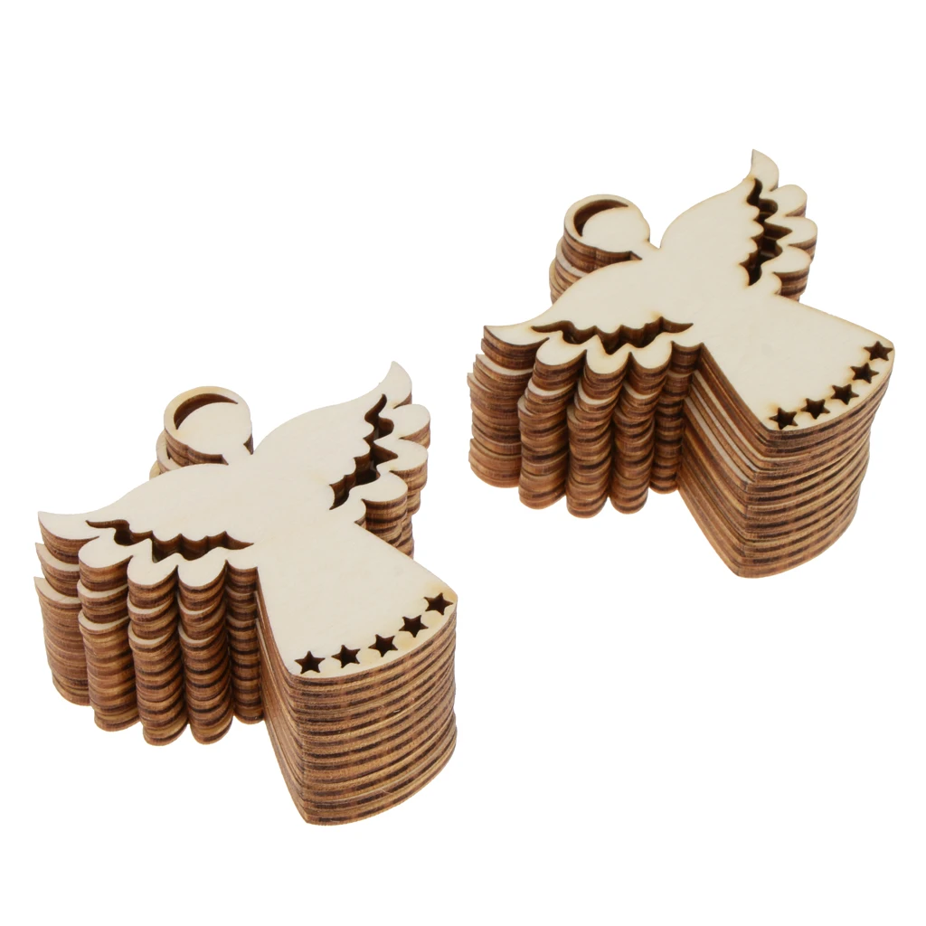 Pieces of 24 Unpainted Angel Wooden Chips Craft Gift Tags Price Labels Xmas Decorations