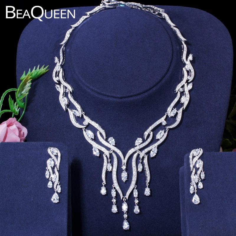BeaQueen блестящие капли воды кубического циркония Длинная кисточка ожерелье серьги