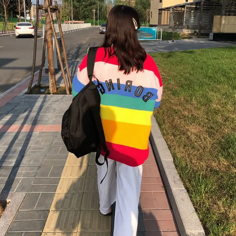 Z, цветной свитер в радужную полоску с вышитыми буквами, однобортный Кардиган, свободный женский свитер