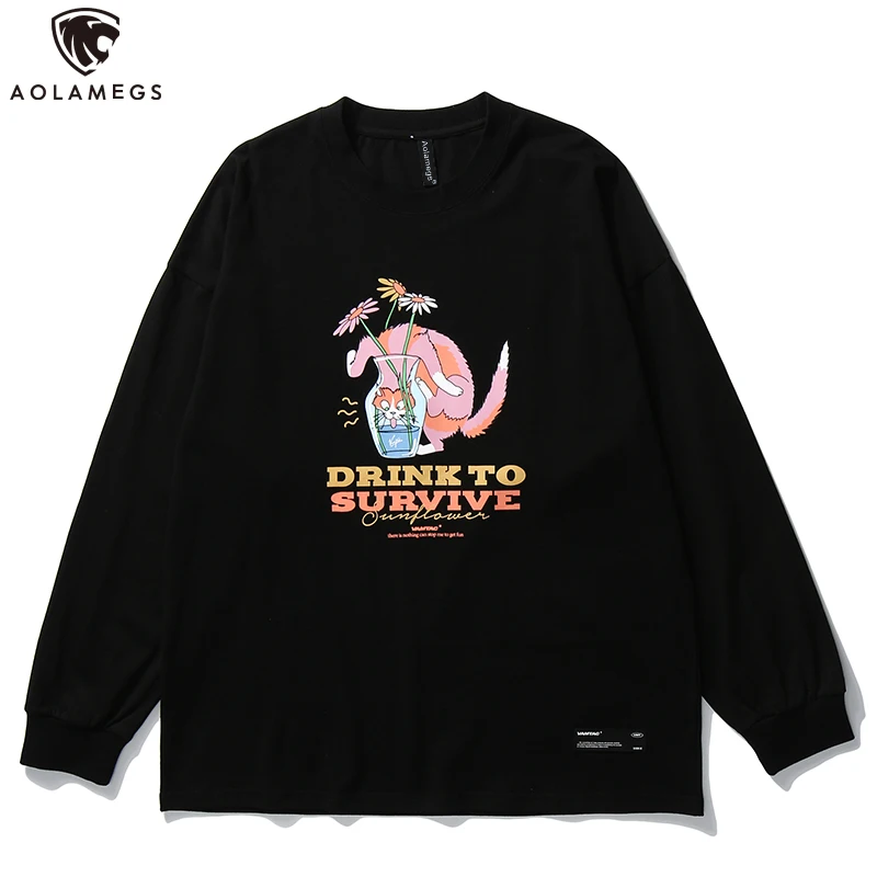 

Aolamegs Long Sleeve T Shirt Men Funny Cat Harajuku Print Men's Tee Shirt Japanese Retro Hipster Casual Tops men clothing Autumn