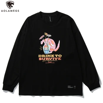 

Aolamegs Long Sleeve T Shirt Men Funny Cat Harajuku Print Men's Tee Shirt Japanese Retro Hipster Casual Tops men clothing Autumn