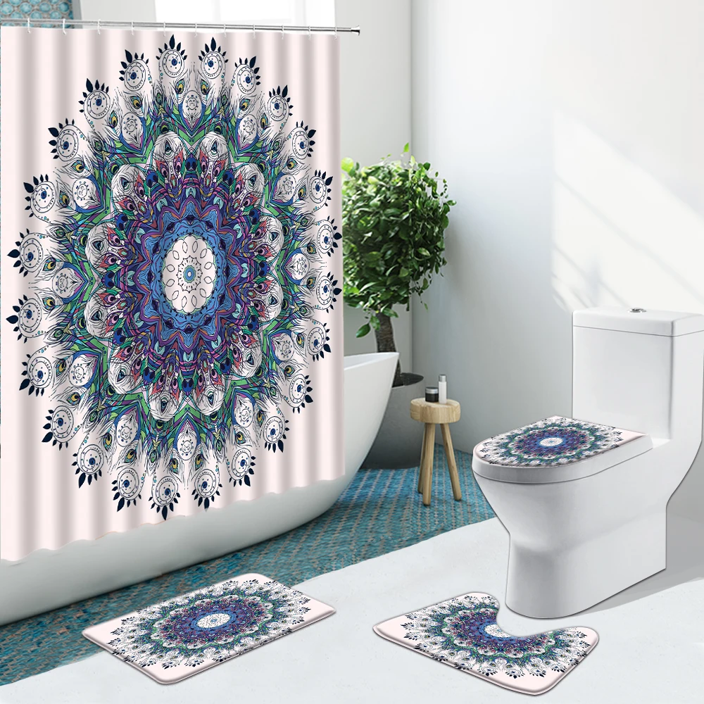 

Creative Colorful Mandala Feather Pattern Bathroom Set Shower Curtain Fabric Non-Slip Rugs Flannel Decor Toilet Carpet With Hook