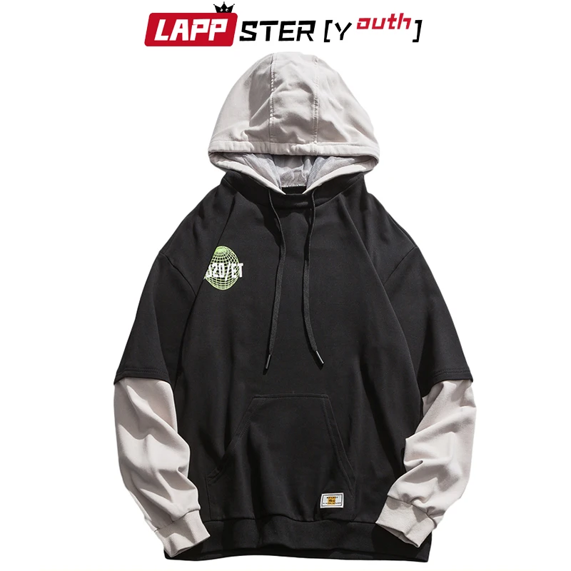 LAPPSTER-Youth Fake Two Pieces Oversized Hoodies 2023 Pullovers Men Streetwear Cotton Sweatshirt Harajuku Hip Hop Kpop Clothing