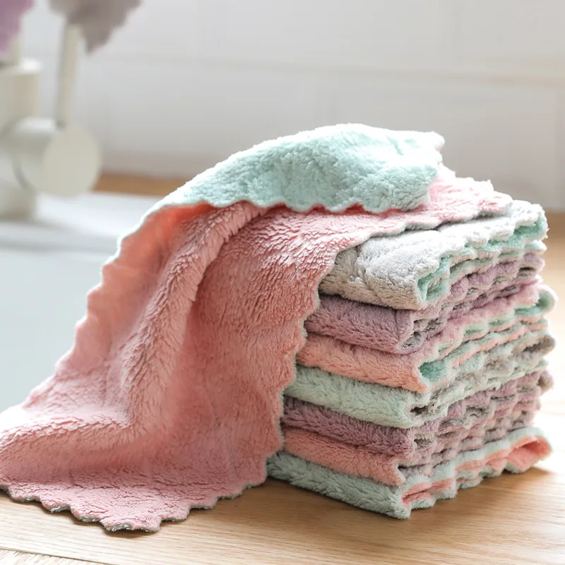 

Double-sided Scouring Pad Water Absorption Kitchen Clean Dishwashing Cloth Non-stick Oil Non-shedding Dishcloth Coral Velvet