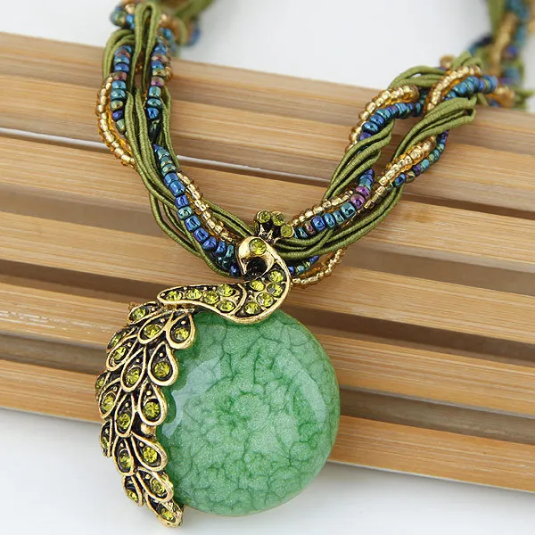 Новинка, этническое ожерелье с кристаллами, богемное женское ретро ожерелье с павлином в народном стиле, цепочка на свитер, Женское Ожерелье - Окраска металла: green