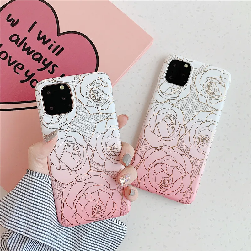 

IUENUA New For iPhone 11 Pro MAX Case Gradient Pink Rose Flower Phone Case For iPhone X XR XS MAX 7 8 Plus 6 6 S Soft Cover
