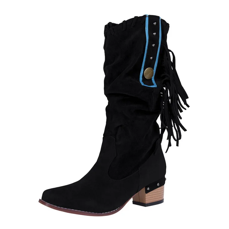 Осенние сапоги в стиле бохо; женские ботинки из искусственной замши с бахромой в этническом стиле; женские ботинки на квадратном каблуке; Размеры 35-43