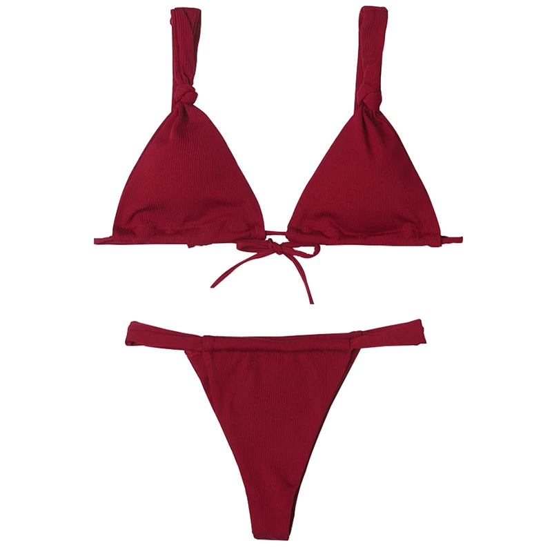 Ribbed Cheeky High Leg Thong Bikini Sets For Women's Knot Shoulder
