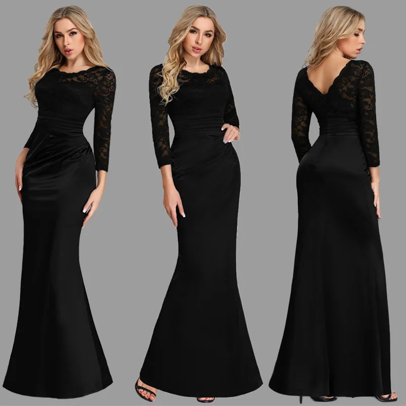 

Evening Gown Europe And America Black Lace Slim Fit Slimming Crew Neck Long Sleeve Fishtail Banquet Host Evening Gown