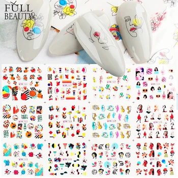 

12pcs Colorful Abstract Nail Stickers Decals Set Fruits Geometry Mix Slider Summer Tattoo Watermark Manicure Decor CHBN1621-1632