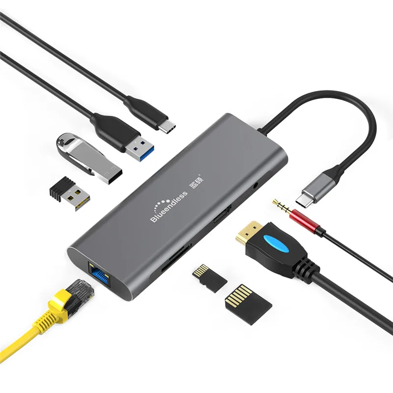 9 в 1 USB 3,0 тип-c док-станция для ноутбука USB 3,0 HDMI TF LAN PD USB концентратор для Macbook huawei XiaoMi DELL поверхность lenovo док-станция