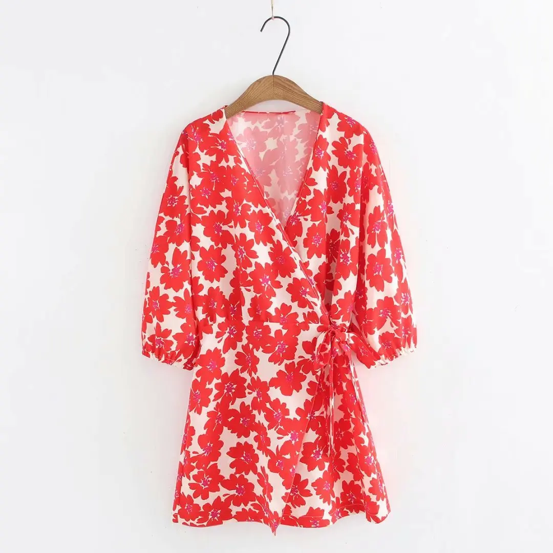 

Cmx-9025 WOMEN'S Dress New Style Wrap-Skirt V-neck Lace-up Red Floral Printed Dress