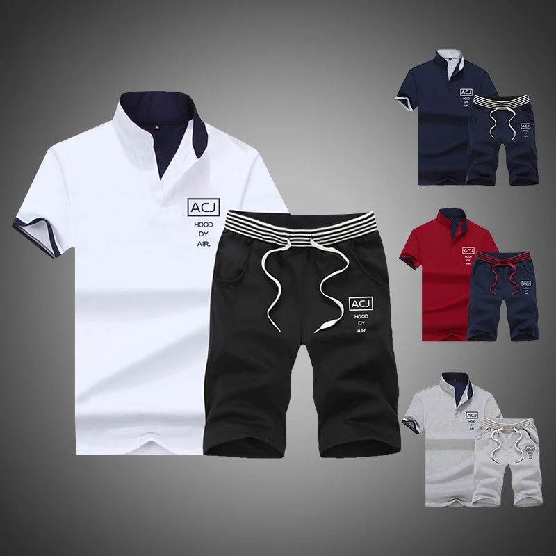 

2020 Brand Fitness Suits Summer 2PC Top Short Set Mens Stand Collar Fashion 2 Pieces T-shirt Shorts Tracksuit Sportsuits Set Men