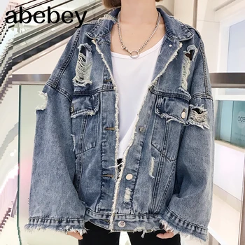 

Autumn 2019 Harajuku Jeans Jacket Women Loose Vintage Ripped Frayed Denim Jackets Ladies Punk Streetwear Coats 20250