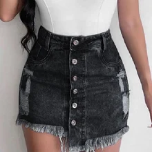 

Summer Denim Short Skirt y2k Women 2021 Spring Fringed Buttons Frayed Irregular Holes Mini Skirts Female Bodycon Ladies Bottoms