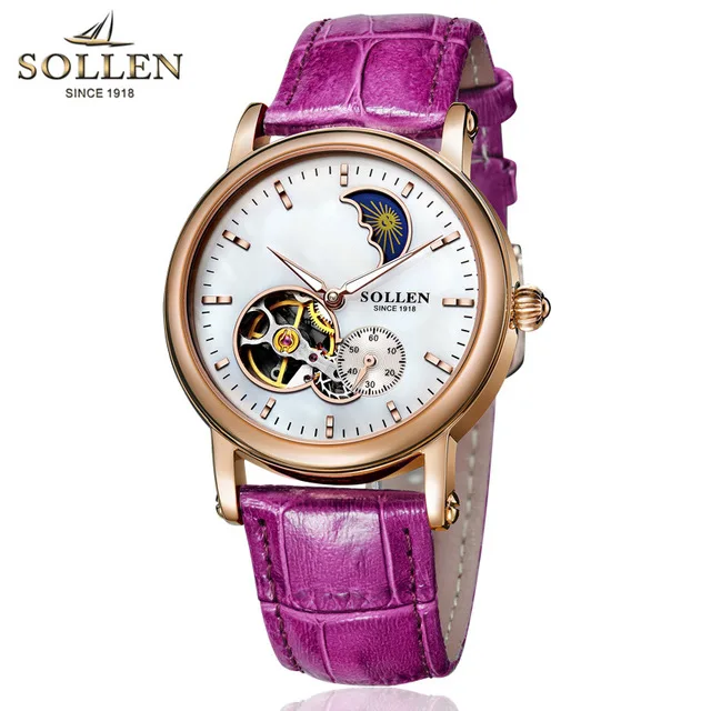Автоматические часы, женские SOLLEN SL401, светящиеся стрелки, женские автоматические часы, фаза Луны, женские механические часы, фиолетовый, розовый ремешок