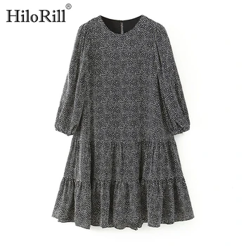 

2020 Loose O Neck Chiffon Dress Women Polka Dot Elegant Ruffle Mini Dress Ladies Lantern Sleeve Pleated Casual Short Dress