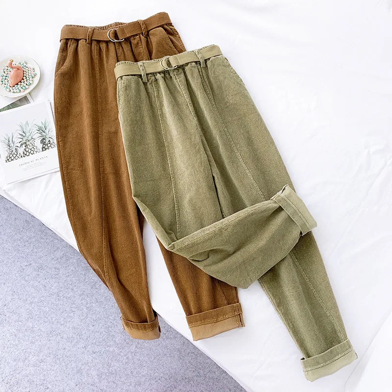 

AcFirst Autumn Winter Women Fashion Khaki Long Pants Harem Pants High Waist Female Pants Casual Plus Size Sashes Corduroy