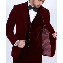 Бордовые бархатные мужские свадебные костюмы, приталенный Блейзер из 3 предметов, на заказ, винно-красные вечерние смокинги для жениха, пиджак, брюки, жилет