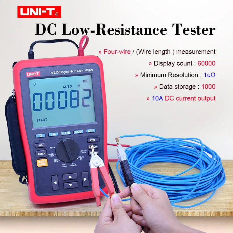 

UNI-T UT620B Digital Micro Ohm Meter DC low Resistance tester 60mO-6kOhm Ohmmeter Data storage 4-wire measure USB data transfer