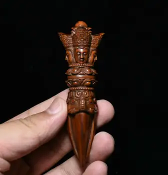 

Wedding Decoration 4" Old Tibet Buddhism Boxwood Wood Carved Buddha Head Statue Phurba Dagger Holder