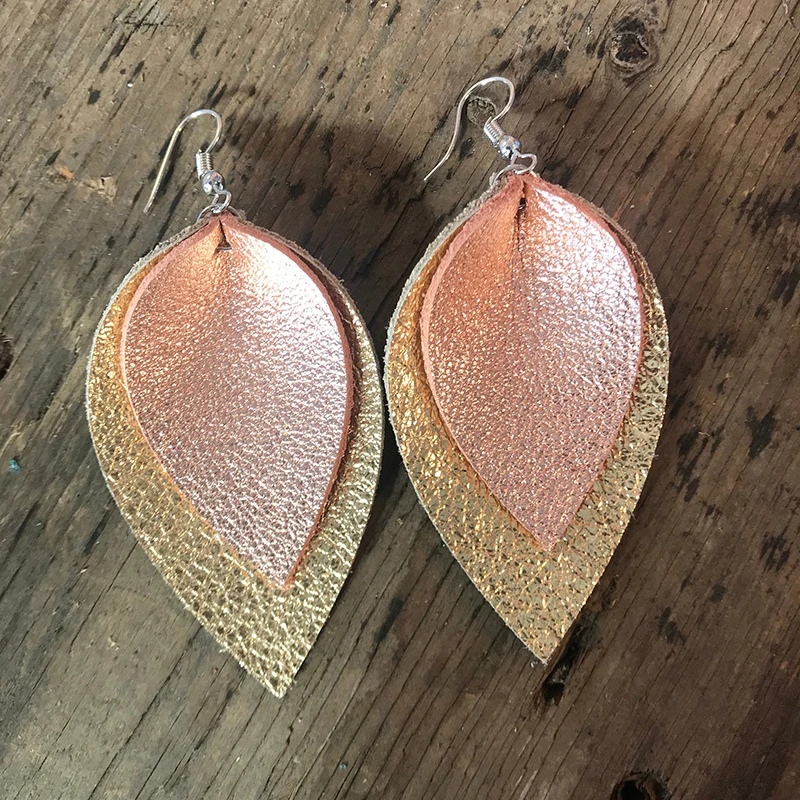 

Flash Rose Gold And Gold Faux Leather Double Layered Teardrop Earrings Leopard Printed Large Metallic Petal Earrings Gifts