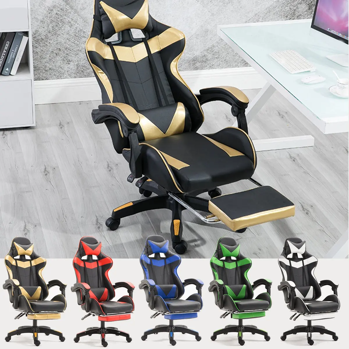 Professional PU Leather Racing Gaming Chair Office High Back Ergonomic Recliner With Footrest Compu