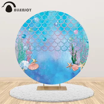 

Allenjoy Sea mermaid shell Background Girl Birthday Party Circle Round backdrop Cover baby Shower Newborn photo booth Home Decor