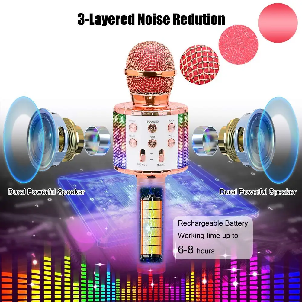 Christmas Birthday Home Party for Android/iPhone/PC or All Smartphone Wireless Bluetooth Karaoke Microphone 4-in-1 Portable Handheld Karaoke Mic Speaker Machine A-Rose Gold 