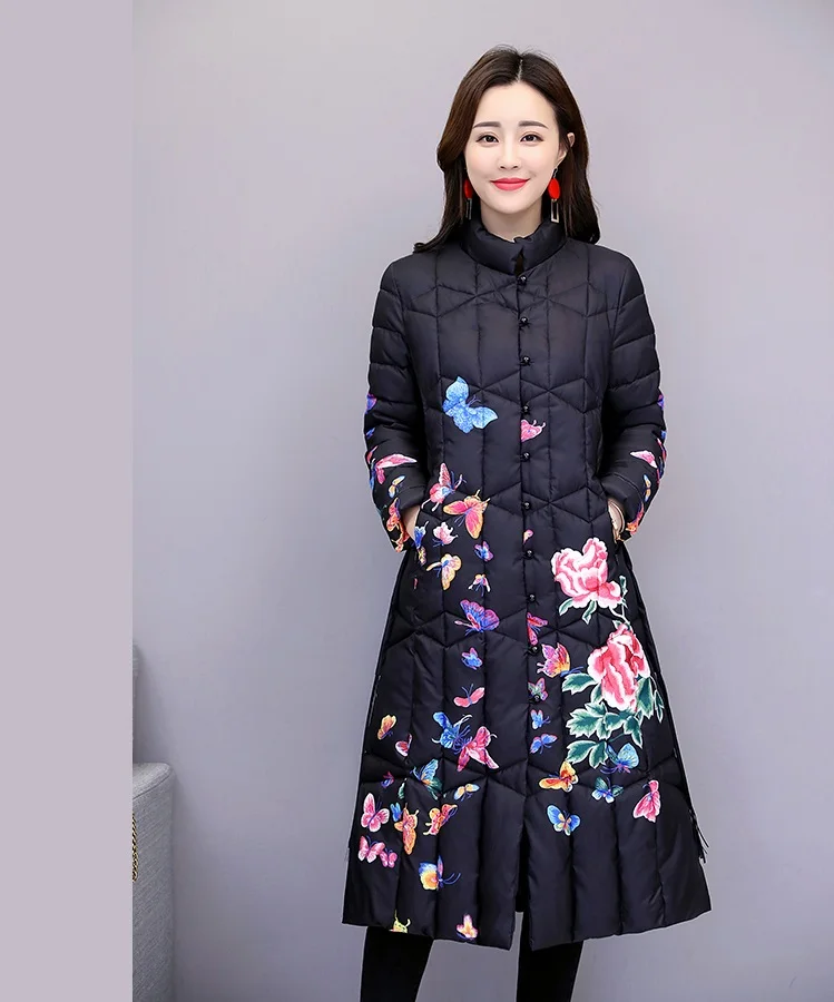 UHYTGF parkas mujer, Национальный стиль, пуховик, теплое зимнее пальто для женщин, модное, Ретро стиль, с принтом, длинное пальто, 4XL размера плюс, tops1046
