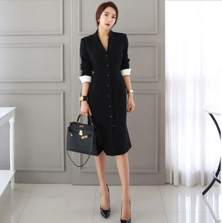 

2019 Autumn White-collar New Goddess Temperament Workplace Fashion Slim Single-breasted Long-sleeved Suit Dress Women's Clothing