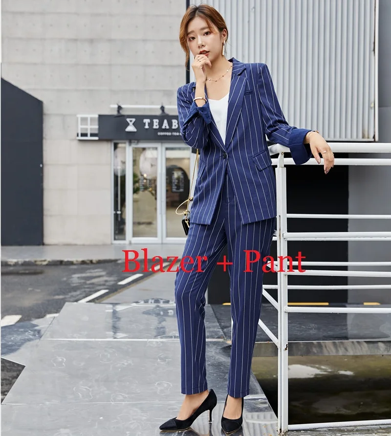 Blazer and Pant Set Женский Повседневный блейзер в синюю полоску, женские деловые костюмы со штанами и курткой, комплекты одежды для работы, Офисная форма, стили - Цвет: Blazer and Pant Set