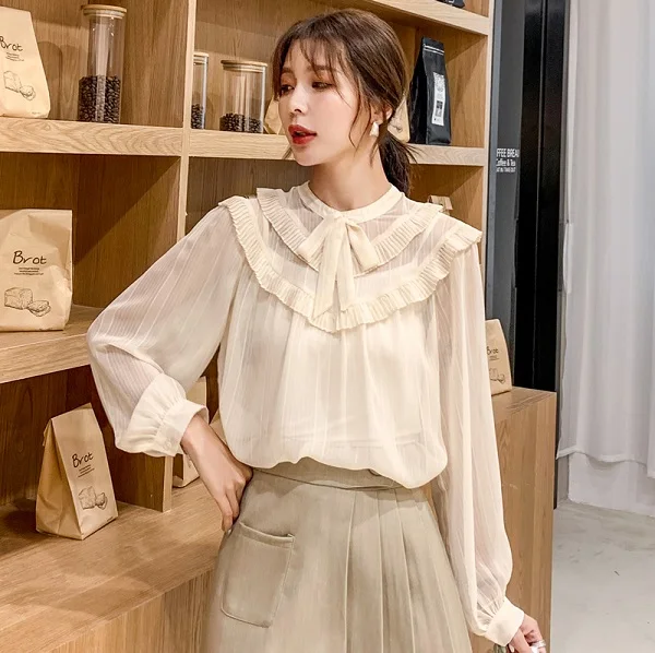 Beige Новая Осенняя женская шифоновая блузка с бантом платье-фонарик с рукавом и пуговицами, простые элегантные повседневные милые топы T98216D - Цвет: Beige