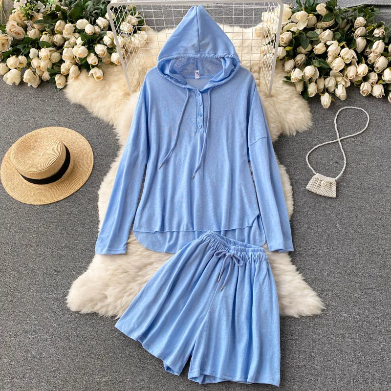2021 Casual Two Pieces Sets Women New Knit Loose Lace Up Elastic Waist Shorts Long Sleeve Coat Button Shirt Sweatshorts Suits |