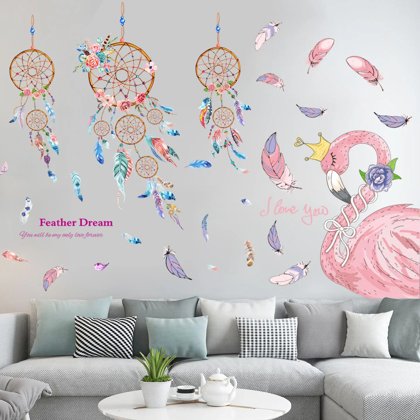 

[shijuekongjian] Dreamcatcher Feathers Wall Sticker DIY Flamingo Animal Mural Decals for House Kids Room Baby BedroomDecoration