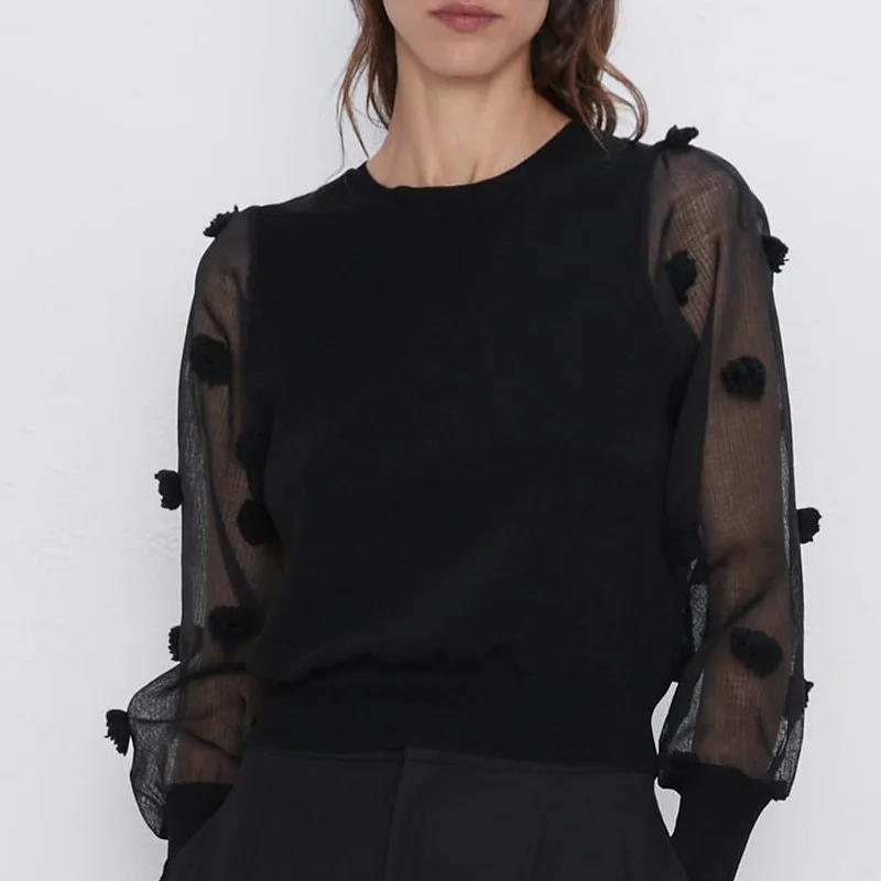 

Personality Women Black Sweater Patchwork Transparent Sleeve Autumn 2019 New Fashion O-Neck Knit Tops Modern Lady Pullover